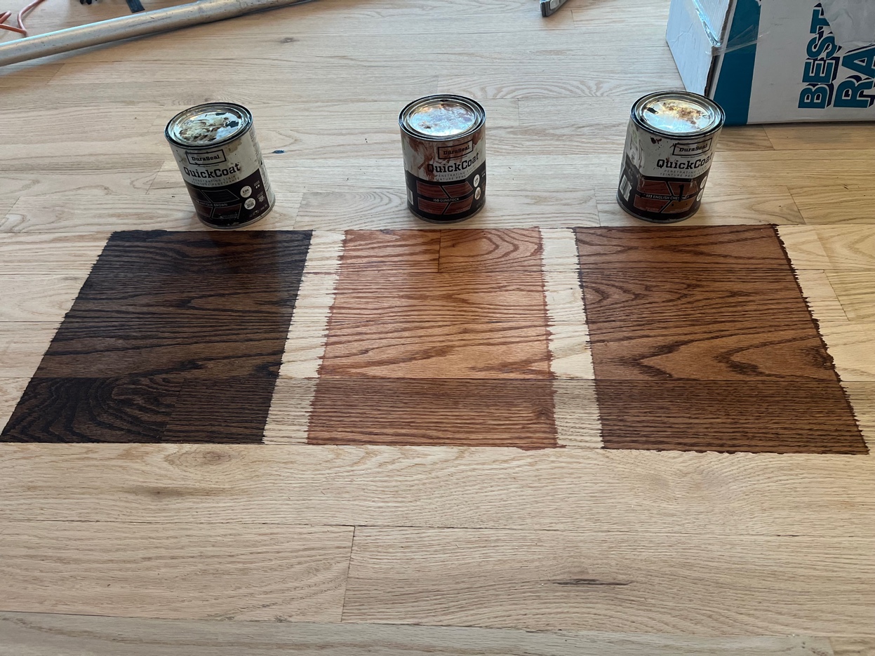 DuraSeal stain samples on hardwood floor